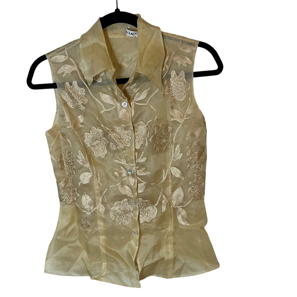 Y2K Yellow Silk Embroidered Sleeveless Button Down Sheer Blouse Top Romantic 2